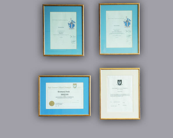 Framed chiropractic qualifications and certificates